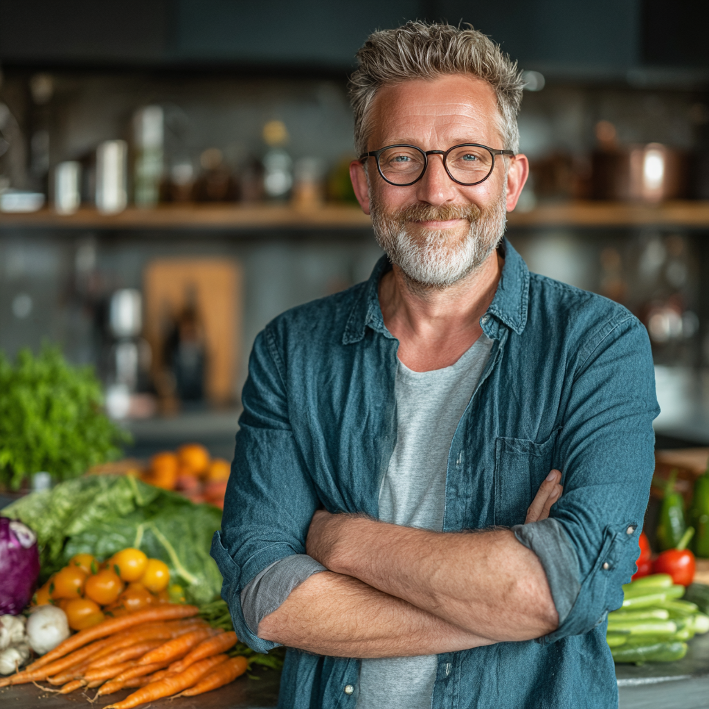 Confident middle-aged man in his 50s wearing a casual shirt, standing in a modern kitchen with fresh vegetables and healthy ingredients spread on the counter, looking satisfied and energetic