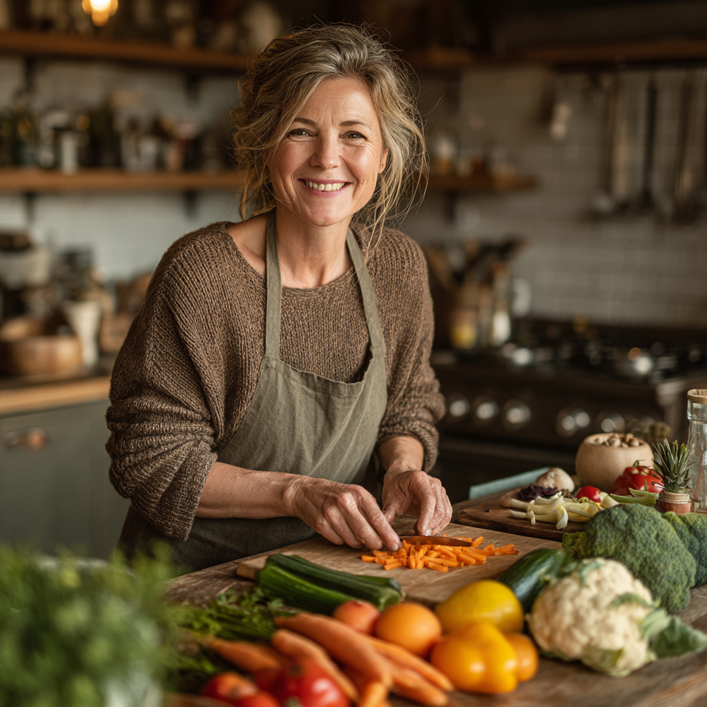Happy middle-aged woman in her kitchen preparing fresh, colorful vegetables and fruits for a healthy meal, smiling while organizing ingredients on a wooden cutting board